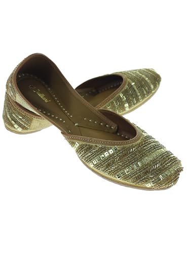 Fulkari Women's Celosia Skin Gold Soft Leather Embroidered Jutis | Bite and Pinch Free Jutti | Punjabi Formal Juttis | Girl's Wedding Flat Ladies Mojari | Formal Ethnic Juti | 36