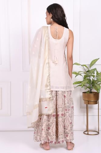 W for Woman White Floral Embroidered Cotton Straight Kurta with Flared Pant and Dupatta Set - (WS12938-223833-M)