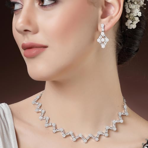 ZENEME Rhodium-Plated American Diamond Studded Trendy Necklace With Earrings Jewellery Set For Girls and Women (White)