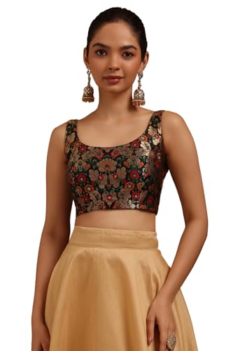 Soch Womens Black Tussar Floral Print Padded Blouse with Zari Woven