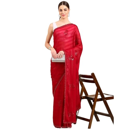 Kalyan Silks Women's Art Silk Full Of Maroon Shaded Sequence Fancy Saree With Plain Blouse