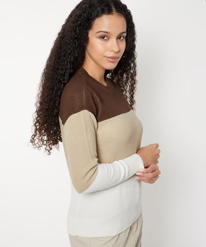Max Women Knit Colourblock Sweater(Brown_XXL)