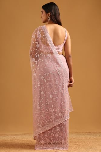 Soch Womens Pink Net Floral Embroidered Saree With Sequins