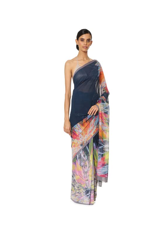 Satya Paul Blue Royal Georgette Printed Silk Saree for Women