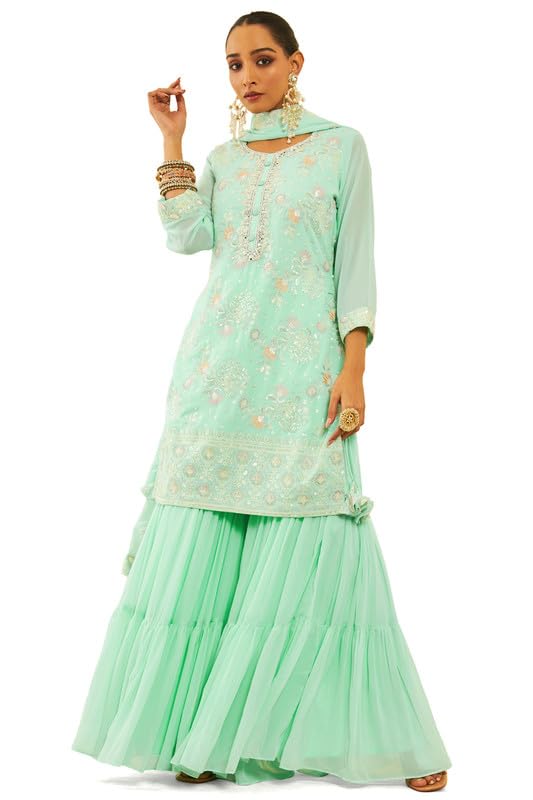 Soch Womens Sea Green Georgette Sequinned Embellished Suit Set with Tie-Ups