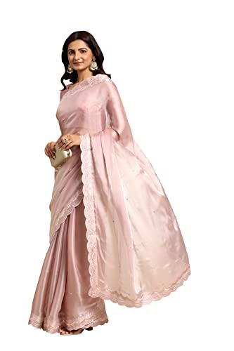 Rekha Maniyar Women's Gota Mirror Work With Diamond Cutwork Organza Silk Gajari Saree With heavy Foil Zari Embroidered Blouse Piece (GAJARI)