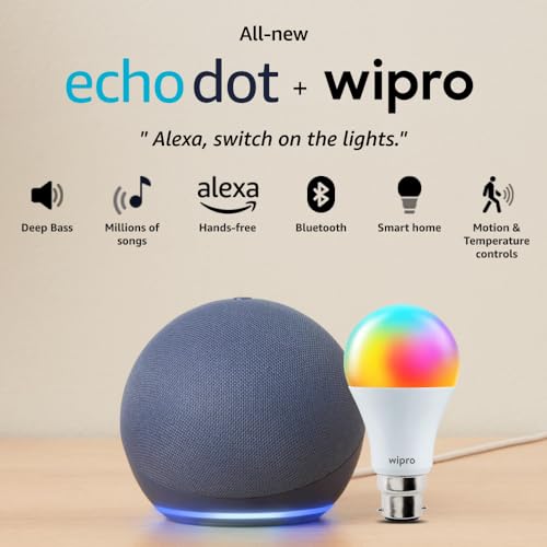 Amazon Echo Dot (5th Gen, Blue) Combo with Wipro 12W LED Smart Color Bulb