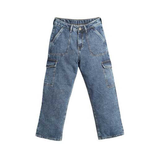 LILPICKS Girls Regular Fit Cargo Denim Jeans Medium Blue