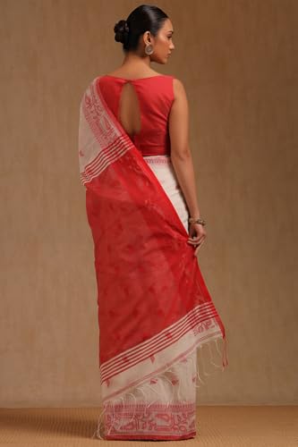 Soch Womens White Cotton Woven Design Saree