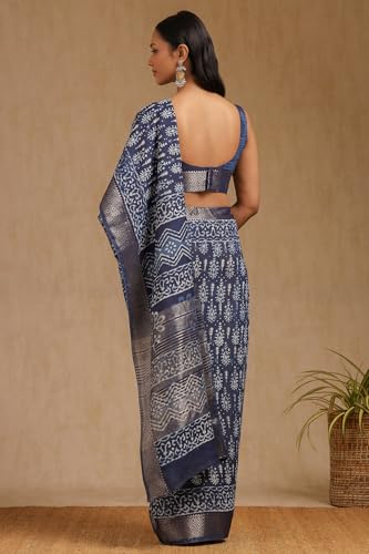 Soch Womens Indigo Viscose Block Print Saree