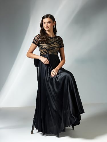 Miss Chase Women's Boat-Neck Short-Sleeve Abstract Fit & Flare Satin Maxi Dress (MCAW25D85-18-62-06, Black, XL)