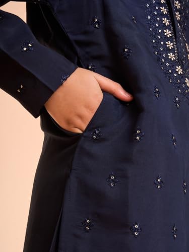 Manyavar Boys Viscose Blend Neck Embroidered & Sequined Kurta Pyjama Set (Dark Blue,8-10Y)