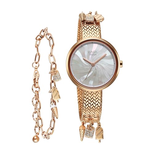 Titan Raga Memoirs Quartz Analog Mother of Pearl Dial with Rose Gold Metal Strap Watch for Women