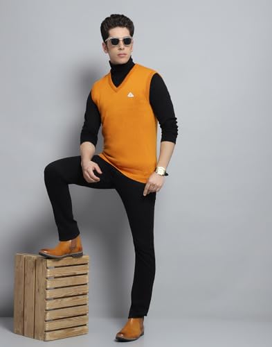 Monte Carlo Men's Wool Sleeveless Sweater | V-Neck | Regular Fit| Solid Pattern |Warm & Stylish Pullover Cardigan for Men Gold 5XL (Pack of 1)