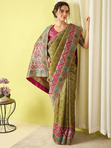 AKHILAM Women's Olive Viscose Silk Ethnic Motif Printed Saree With Unstitched Blouse Piece (MSTANI154B_HS)