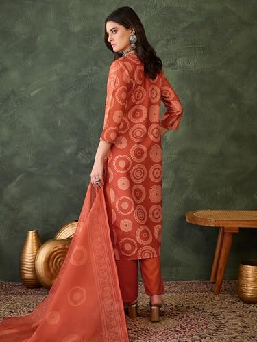 VARNI FABRIC Rayon Kurta Set for Women | Full Sleeves Embroidered Straight Kurta Set | Woman Salwar Suit with Pant & Dupatta | Festive Wedding Ethnic Wear | Prefect for Office Summer | Orange | M