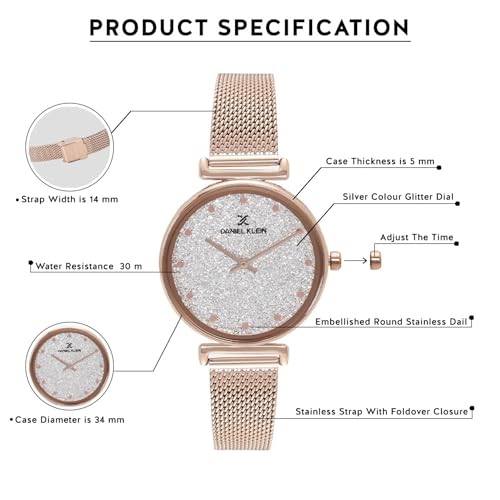 Daniel Klein Analog Silver Glitter Round Dial Rose Gold Mesh Strap Water-Resistant Wrist Watch for Women Girls, Ladies DK12070-3