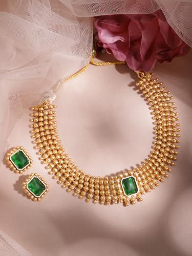Rubans 22K Gold-Plated Handcrafted Artificial Jewelry Set with Emerald Stone Studded & Matching Earrings For Women and Girls – Perfect for Weddings and Special Occasions