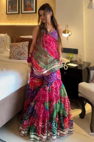 VARNI FABRICS: A lady's First Love Women's Multicolor Georgette Bandhni Printed Kurti Set With Sharara And Dupatta