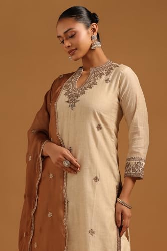 Soch Womens Beige Mul Chanderi Floral Salwar Suit With Sequin