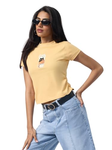 The Souled Store Pets On Prints: Women and Girls Short Sleeves Mock Neck Light Yellow Embroidered Cotton Regular Fit Breathable Lightweight Everyday Streetwear T-Shirt