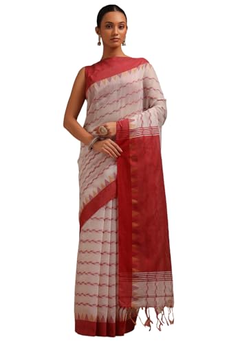 Soch Womens White Cotton Woven Design Saree
