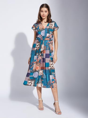 Latin Quarters Women Teal V-Neck Half Sleeve Printed A-Line Dress_L