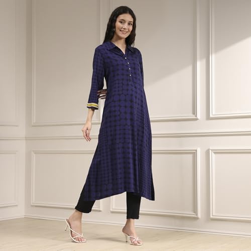 Biba Women's Viscose Printed Straight Kurta (JMWRZ30042AW25IND_Indigo Blue