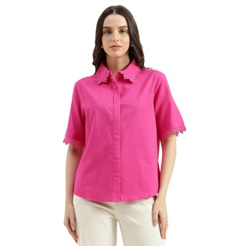United Colors of Benetton Regular Fit Spread Collar Solid Lace Detail Slub Shirt (Size: M) - 26P5WVNTP309IPF1 Pink