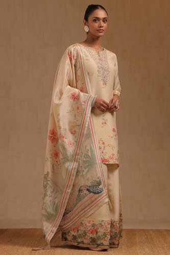 Soch Womens Beige Tissue Floral Print Suit Set With Zari
