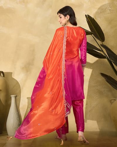 SheWill Rani & Orange Poly Chinon Kurta with Zari, Sequence, Thread & Cording Embroidery, Paired with Pant and Dupatta – A Vibrant Set SHEKS20006_S2P_A