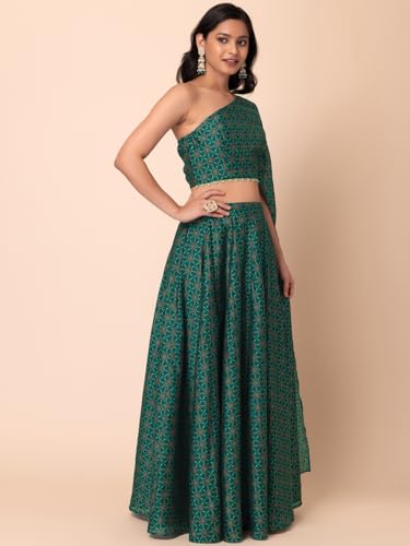 Indya Women's Chanderi Lehenga Sets (ICO00577_Green_L)