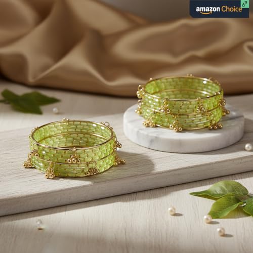 KAYASHA Pista Kashmiri Ghungroo Glass Bangle Set for Women | Light Weight Bangles | Traditional Transparent Fancy Glass Chudi Set for Wedding, Party|Set Of 16(12 Glass + 4 ghungroo bangles)
