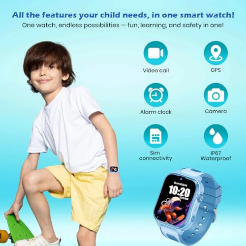 GameSir Safeguard Kids Smart Watch 5G/4G with SIM Calling, 800mAh Battery, GPS Tracker, SOS Alerts, Video Calling, Face Unlock, Voice Chat, Games, IP67 Waterproof (Blue)