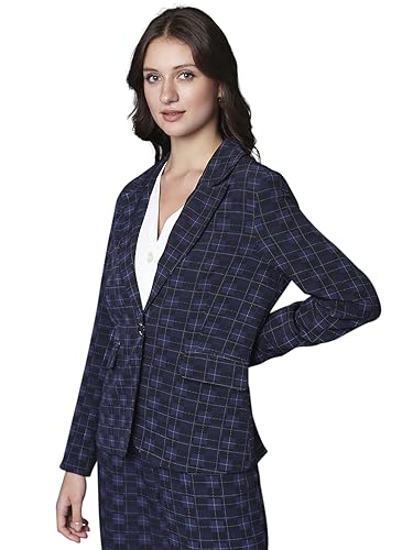 VERO MODA Women Checkered Polyester Blend Navy Blue Blazer