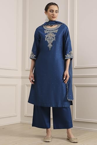 Biba Women's Silk Blend Kurta, Bottom, Dupatta (SKDDBRI30567AW25BLU