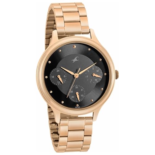 Fastrack Plain 3 Hands Black Dial Rose Gold Plating Stainless Steel Women's Watch - NT6285WM05