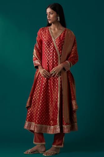 Wishful Women's Red Embroidered Tissue Jacquard Angarkha Kurta with Pant and Dupatta Set (SP12835-314436-2XL)