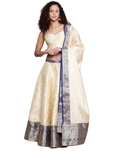 Aarke Ritu Kumar Beige Brocade Sweetheart Neck Blouse With Lehanga And Dupatta