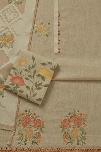 Soch Womens Beige Chanderi Floral Print Unstitch Dress Material With Thread Work