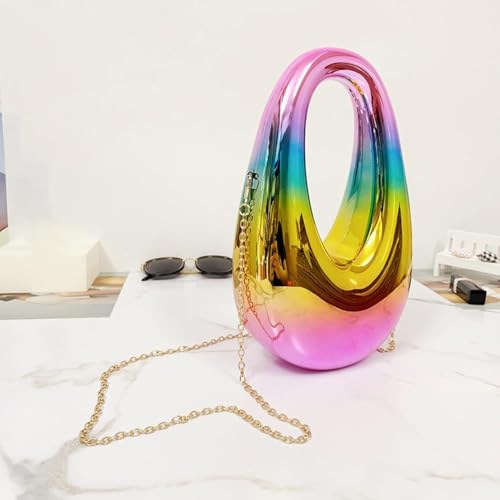HAYSCH Metallic Acrylic Evening Handbag for Women | Crossbody Sling Bags with Detachable Chain Strap Glossy Stylish Latest Ladies Girls Small Size Cute Party Wedding Bag (Rainbow Oval Sling)