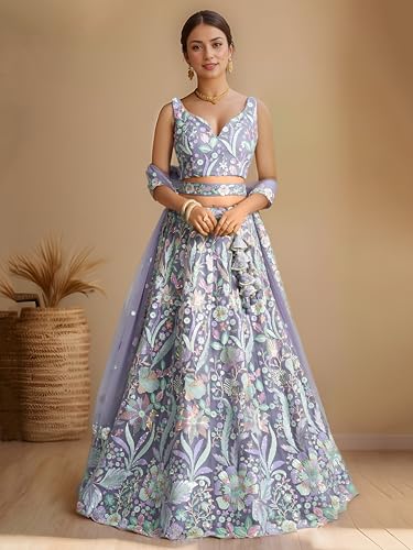 Zeel Clothing Women's Sequins Embroidered Work Soft Net Lehenga Choli With Dupatta (6020-Women-Lehenga-Choli-Latest; Free size) (White) (Purple)