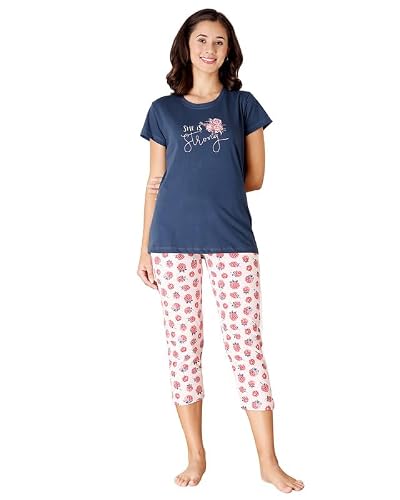 BODYCARE Women's Cotton Printed T-Shirt and Capri Set | Soft & Breathable Nightwear | Short Sleeves | Loungewear Co-Ord Set| BSCS16032_100 Multicolour