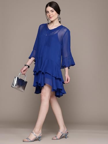 Label RITU KUMAR V Neck Full Sleeves Solid Short Dress with Inner Blue