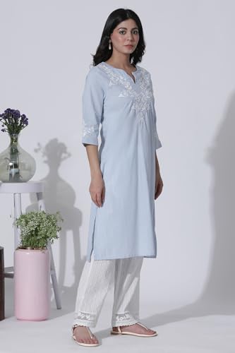 W for Woman Blue A-line Textured Cotton Embroidered Kurta, Pants with Dupatta Set_24ONWS10508-221412_3XL