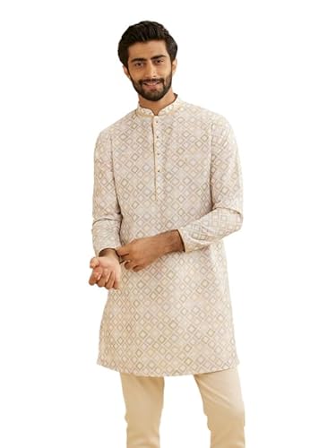 Manyavar Blended Cotton Men's Digital Print Kurta (Cream,XXXL)