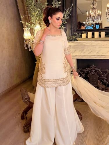 Women's Off White Chinon Embroidered Kurti Set With Palazzo And Dupatta