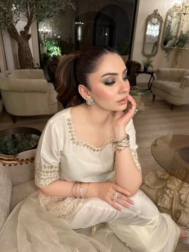 Women's Off White Chinon Embroidered Kurti Set With Palazzo And Dupatta