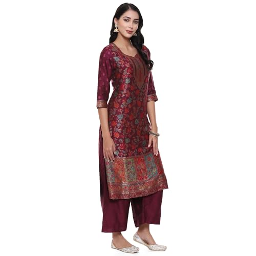 BIBA Women YARNDYED STRAIGHT KURTA SALWAR KURTA DUPATTA(SKDARTSY WE9102_WINE_34)