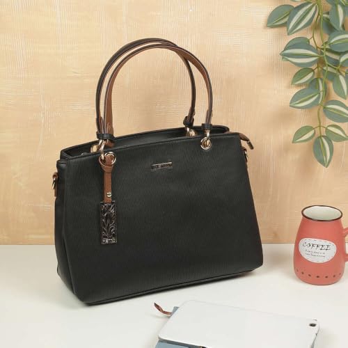 Metro Women Black Faux Leather Handbag with Detachable Sling (66-7852)